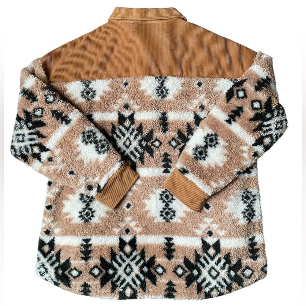 Simply Southern Aztec Sherpa Shacket Corduroy Button Up Fleece Jacket Brown M - Picture 6 of 7